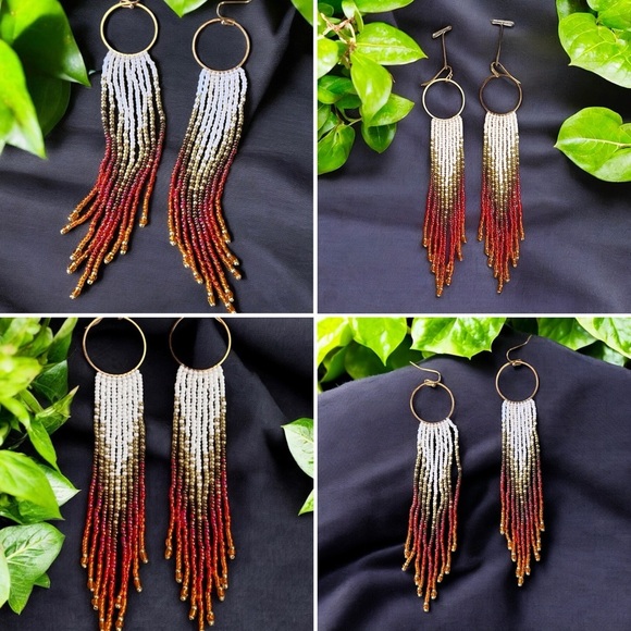 Sunset Ombré Beaded Fringe Earrings: Seed Bead Boho Earrings Chandelier Earrings - Picture 14 of 16